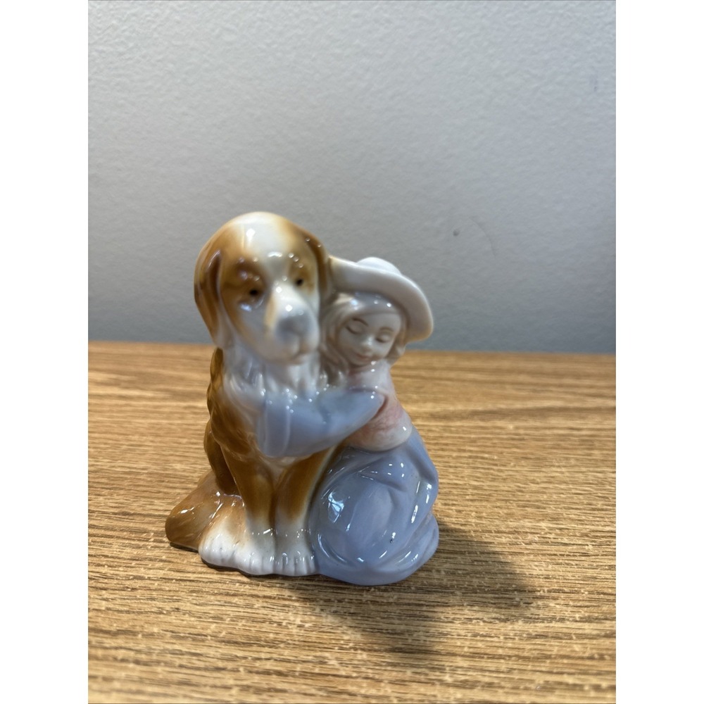 Vintage Girl with Large Dog Figurine Sculpture Porcelain 4.5"‎ X 4"